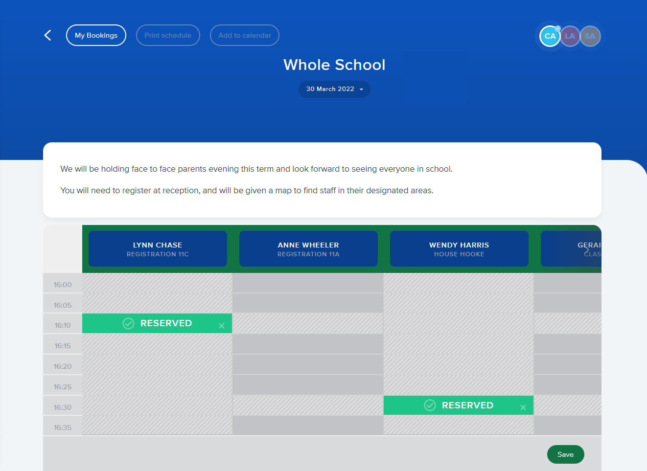 image of parents evening booking page